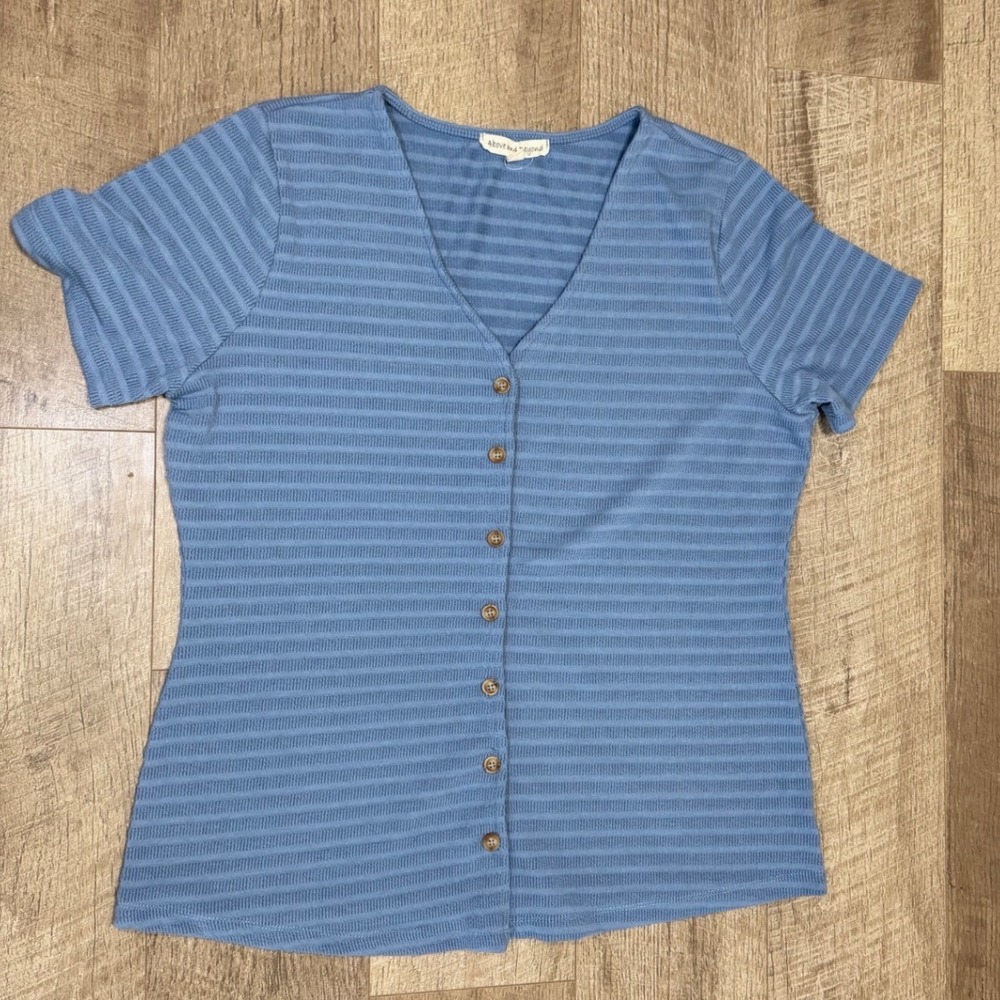 Above and Beyond Blue Textured Stripe Button Front V-Neck Short Sleeve Top XL